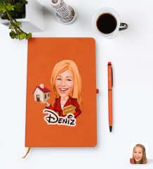 Kişiye Özel Kadın Emlakçı Karikatürlü Turuncu Termo Deri Defter Kalem Seti Model 2