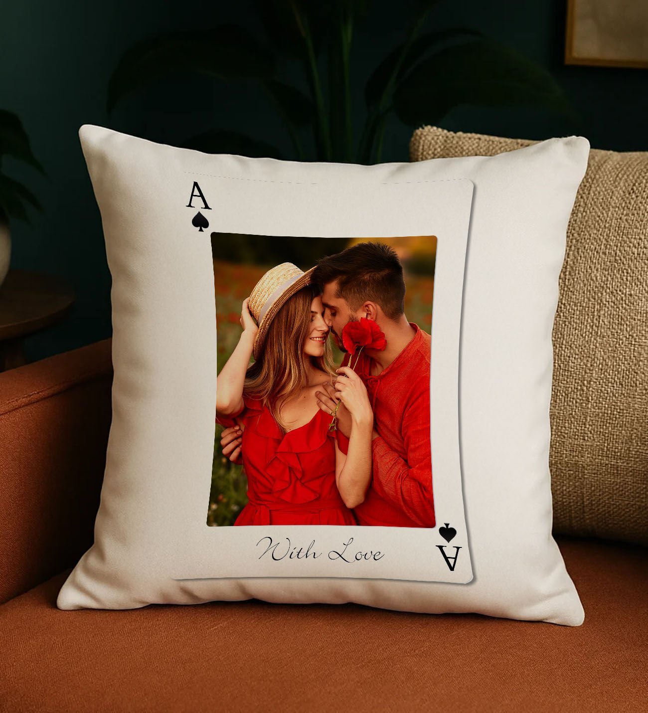 BK Gift Kişiye Özel Aşkımızın Ası Fotoğraflı İskambil Tasarımlı Beyaz Kırlent Yastık-3, Sevgiliye Hediye, Eşe Hediye