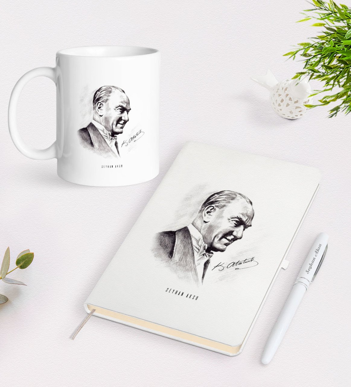 Kişiye Özel Atatürk Temalı Beyaz Defter Kalem Kupa Seti-10
