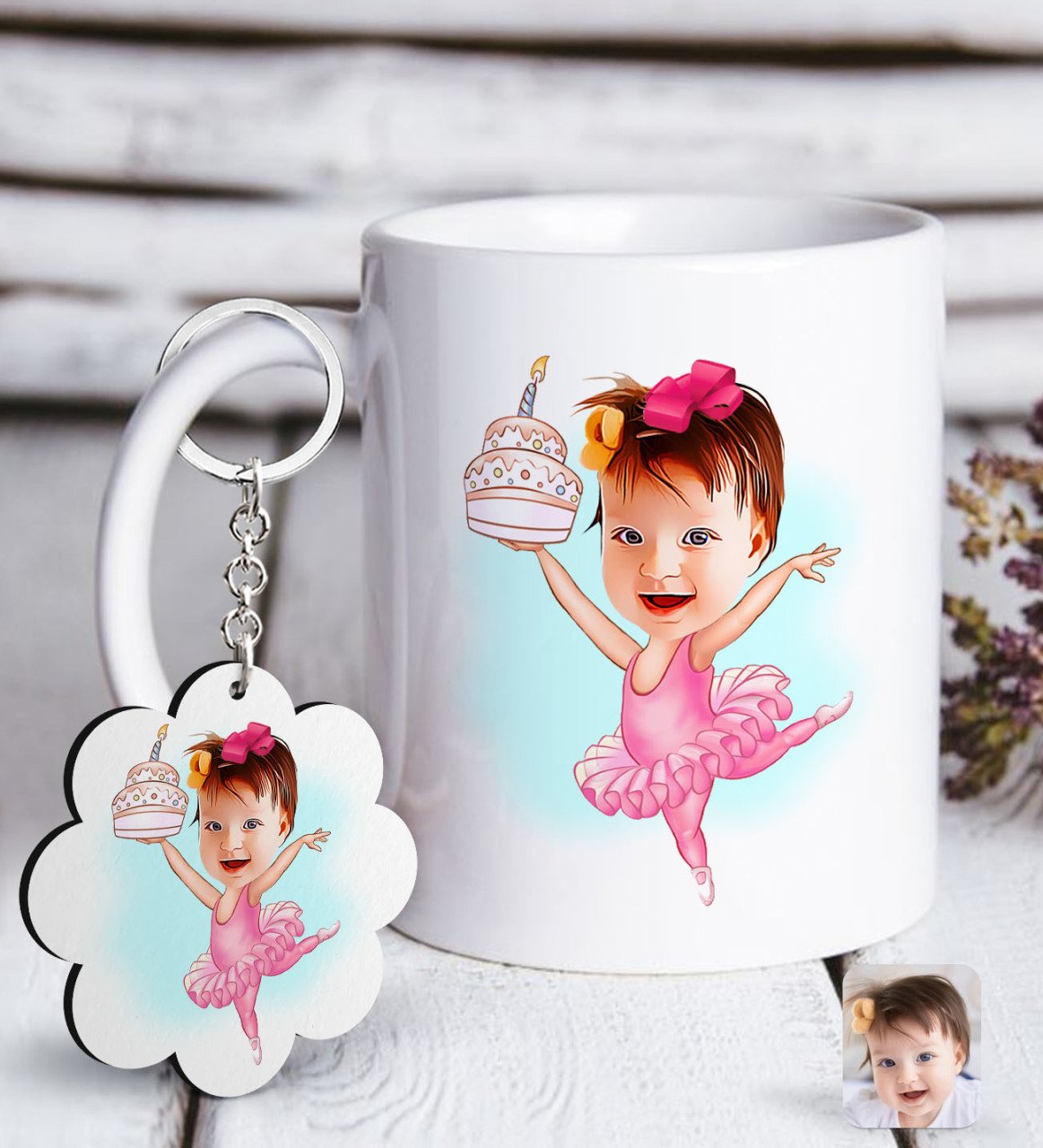 Kişiye Özel Bebek Doğum Günü Karikatürlü Beyaz Kupa ve Anahtarlık Hediye Seti-3