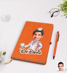 Kişiye Özel Erkek Diş Hekimi Karikatürlü Turuncu Termo Deri Defter Kalem Seti Model 3
