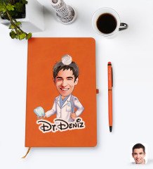 Kişiye Özel Erkek Diş Hekimi Karikatürlü Turuncu Termo Deri Defter Kalem Seti Model 3