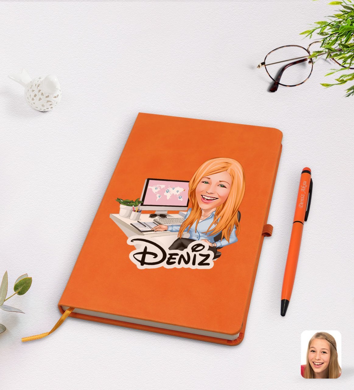 Kişiye Özel Kadın Genel Müdür Karikatürlü Turuncu Termo Deri Defter Kalem Seti Model 1