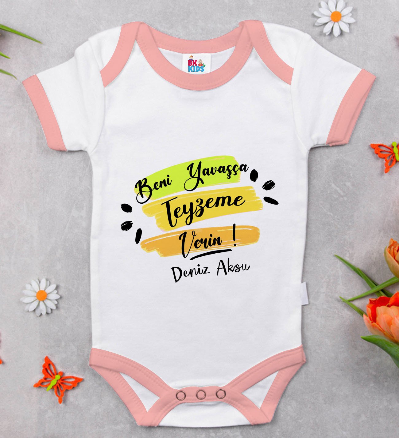 BK Kids Kişiye Özel Pembe Bebek Body Zıbın - Model 40