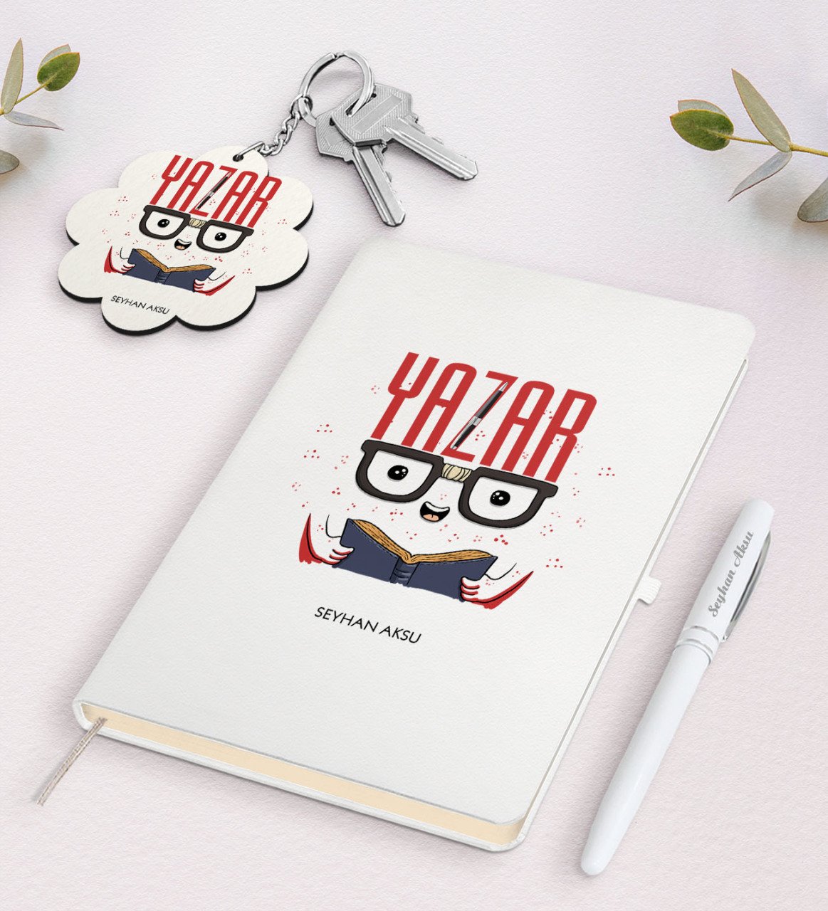 Kişiye Özel Yazar Beyaz Defter Kalem ve Anahtarlık Hediye Seti-1