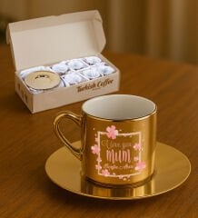 BK Gift Kişiye Özel Anneler Günü Tasarımlı Porselen Metalik Altın Kahve Fincanı 6 'lı Set-3, Anneye Hediye, Anneler Günü Hediyesi