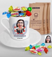 Kişiye Özel Anneler Günü Temalı Dünyanın En İyi Annesi Karikatürlü Türk Kahvesi Fincanı Mehmet Efendi Kahve ve Haribo Şeker Hediye Seti-1