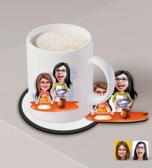 Kişiye Özel Anne Kız Karikatürlü Beyaz Kupa ve Ahşap Bardak Altlığı Hediye Seti-2