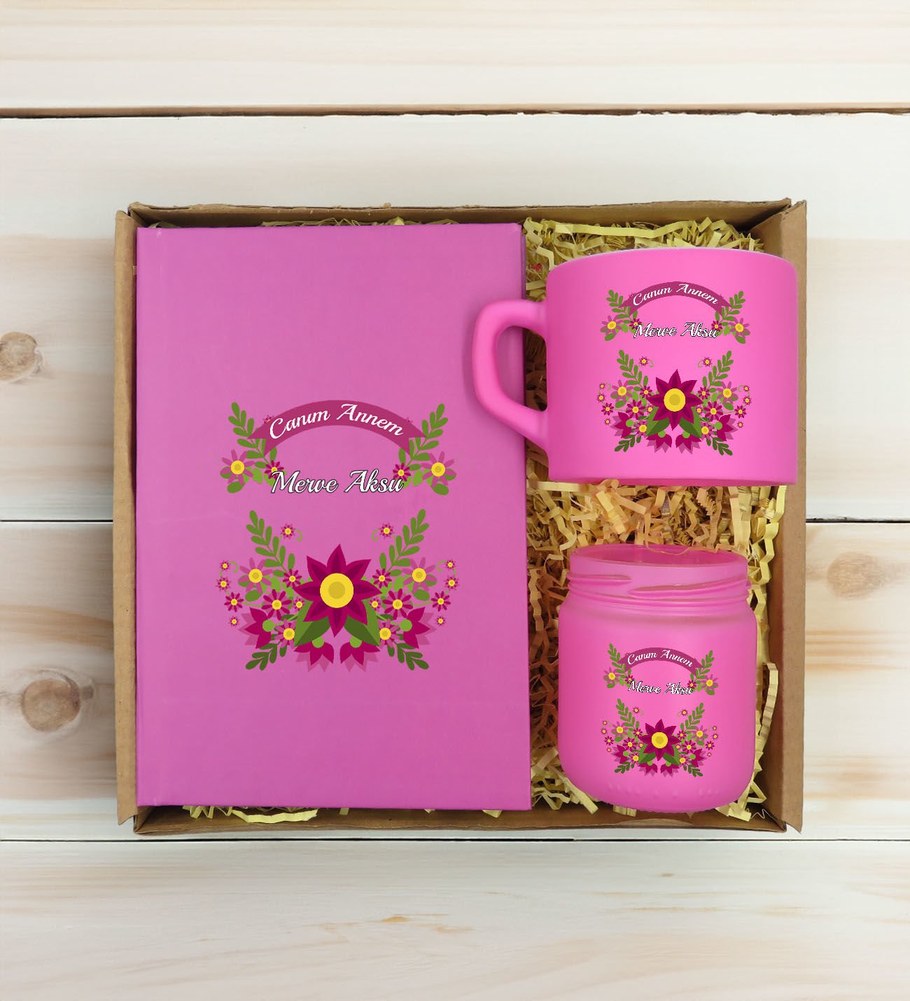 BK Gift Kişiye Özel İsimli DTF Anne Temalı Pembe Defter & Kahve Fincanı & Mum Hediye Seti-6, Anneye Hediye, Anneler Günü Hediyesi