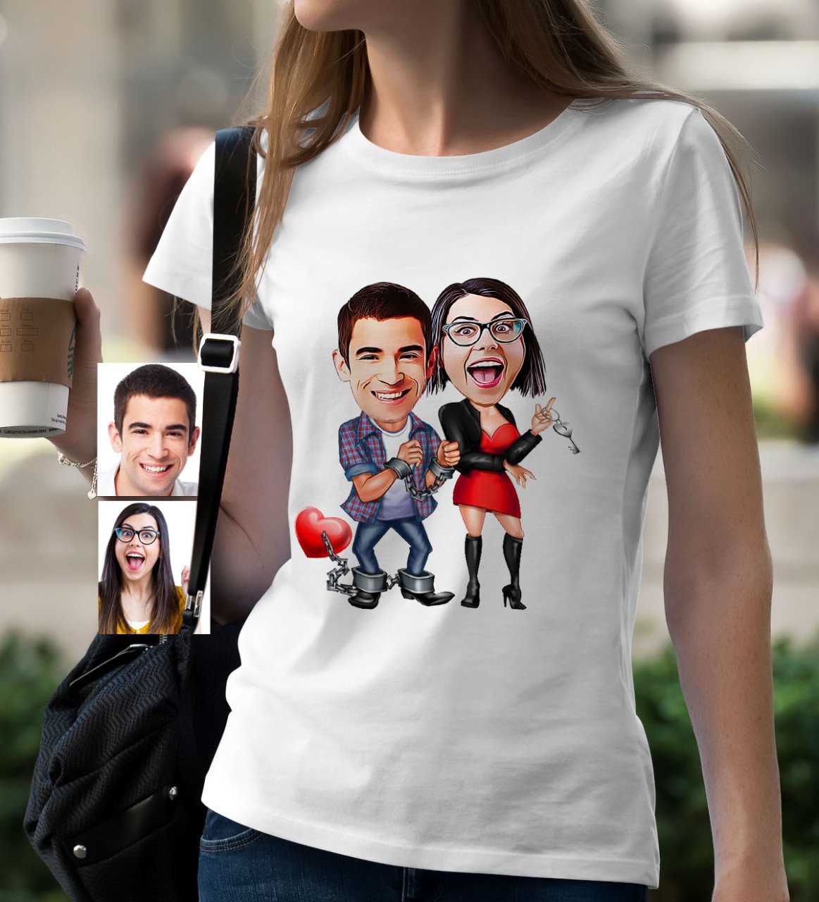 Kişiye Özel Sevgililer Karikatür Beyaz Bayan Tişört - 1