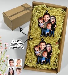BK Gift Hediye Kutulu Kişiye Özel Aile Karikatür 2li Ahşap Anahtarlık-3