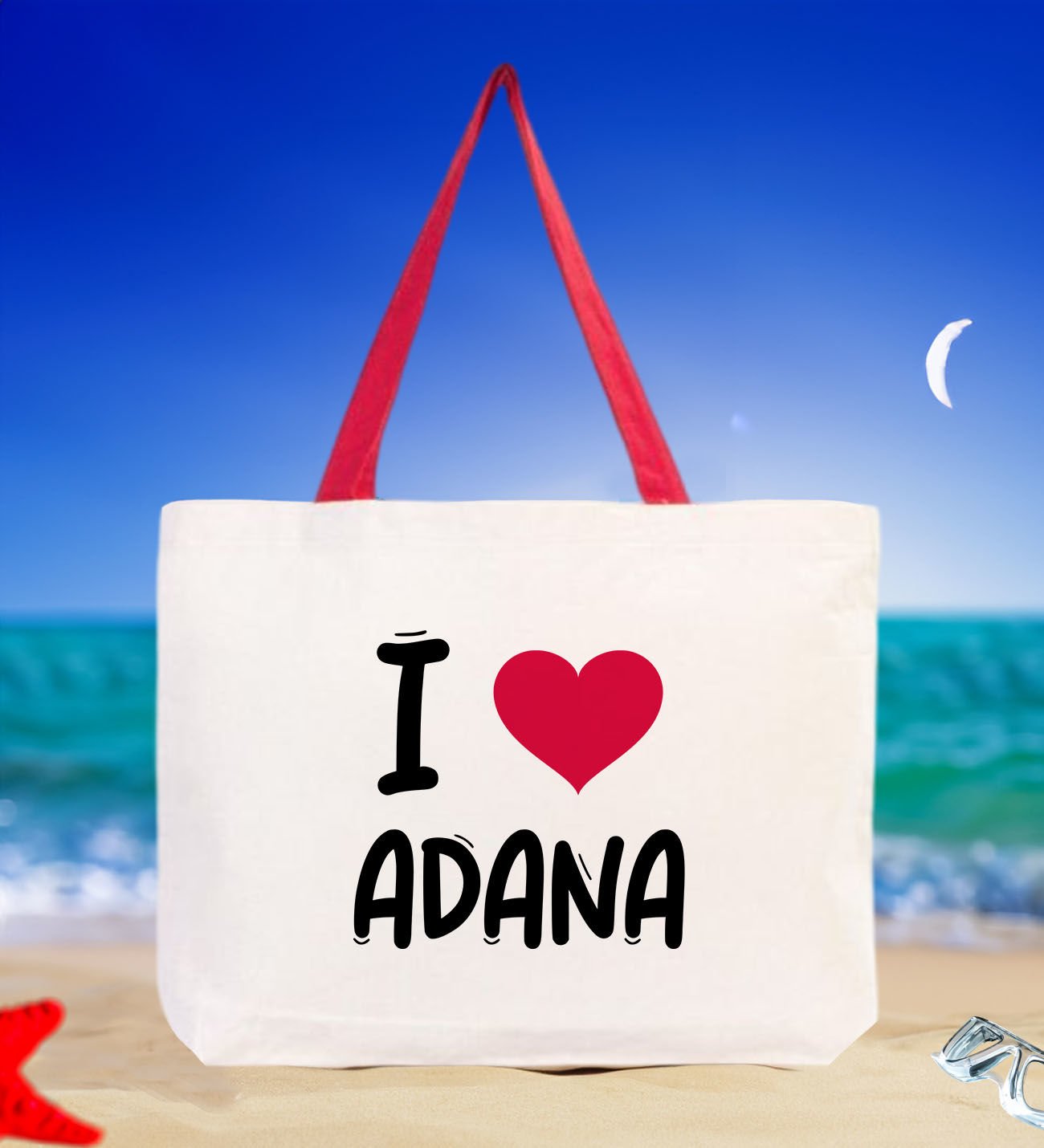 BK Gift I Love Adana Kırmızı Renkli Kulp Kanvas Plaj Çantası 48x40m, Baskılı Omuz Çantası, Alışveriş Çantası