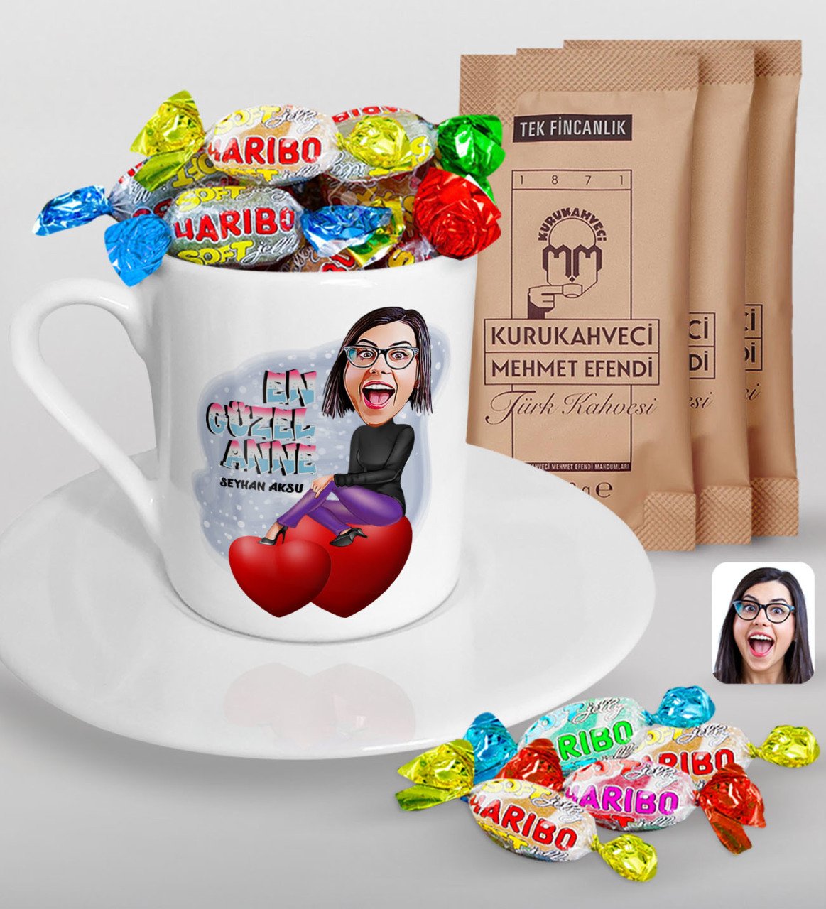Kişiye Özel Anneler Günü Temalı En Güzel Anne Karikatürlü Türk Kahvesi Fincanı Mehmet Efendi Kahve ve Haribo Şeker Hediye Seti-1