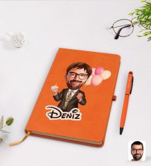 Kişiye Özel Erkek Doğum Günü Karikatürlü Turuncu Termo Deri Defter Kalem Seti Model 3