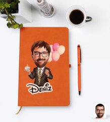 Kişiye Özel Erkek Doğum Günü Karikatürlü Turuncu Termo Deri Defter Kalem Seti Model 3