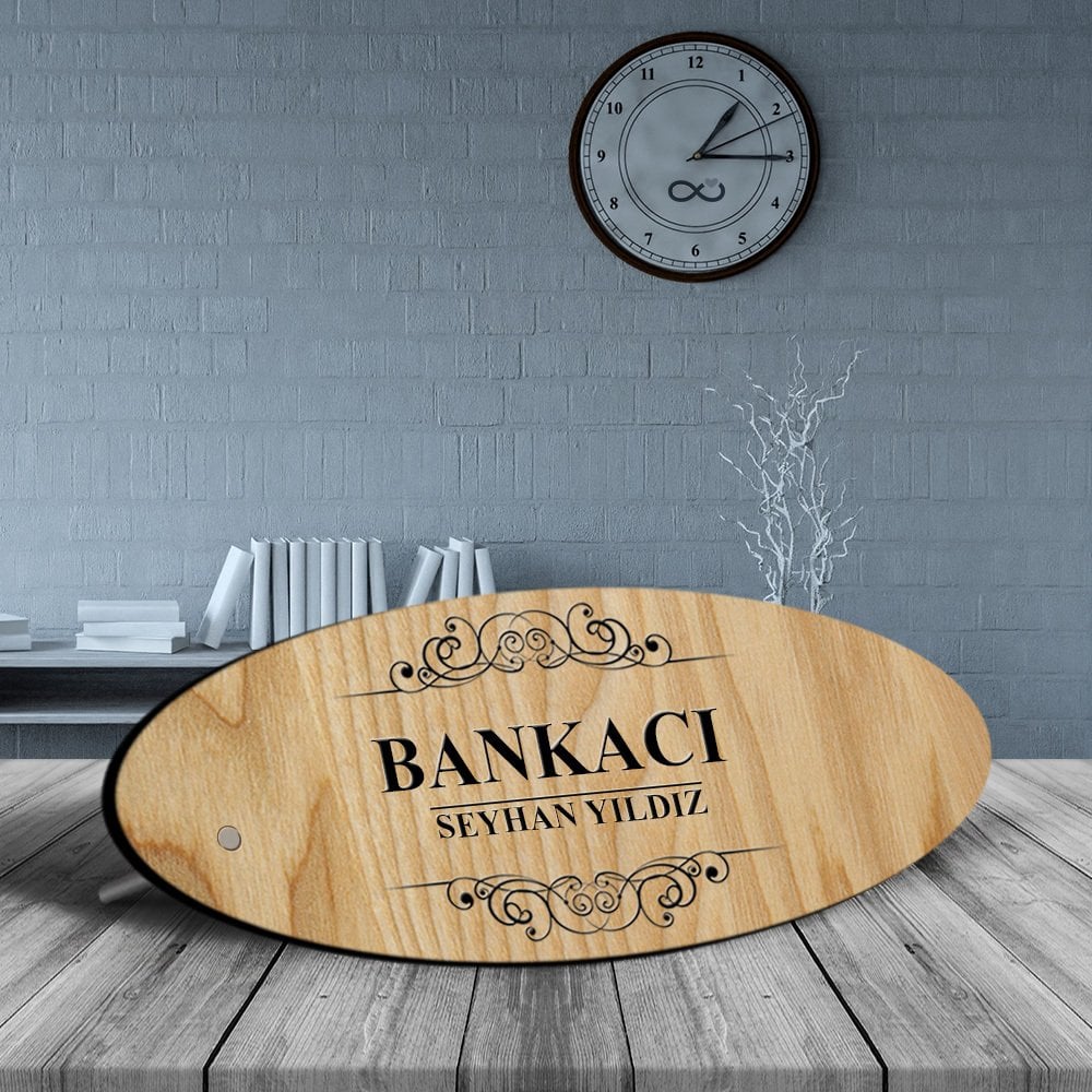 Kişiye Özel Mesleki Bankacı Ahşap Oval Masa İsimliği - 2