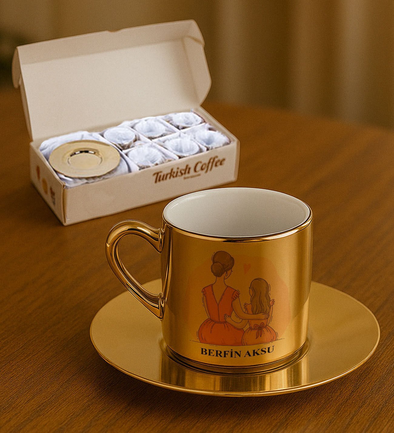 BK Gift Kişiye Özel Anneler Günü Tasarımlı Porselen Metalik Altın Kahve Fincanı 6 'lı Set-5, Anneye Hediye, Anneler Günü Hediyesi