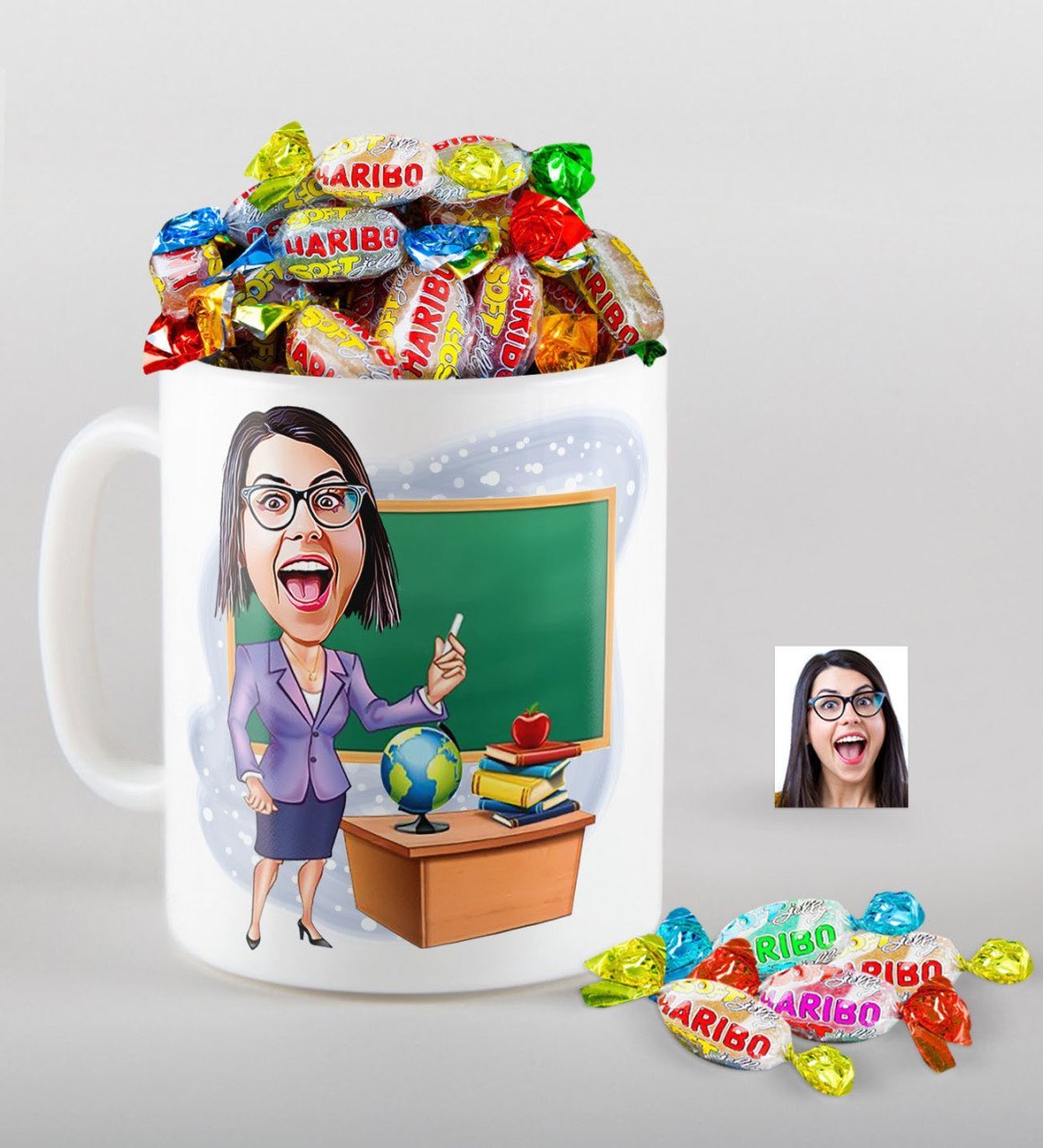 Kişiye Özel Bayan Öğretmen Karikatürlü Kupa ve Haribo Fruitbons Şeker Hediye Seti-1