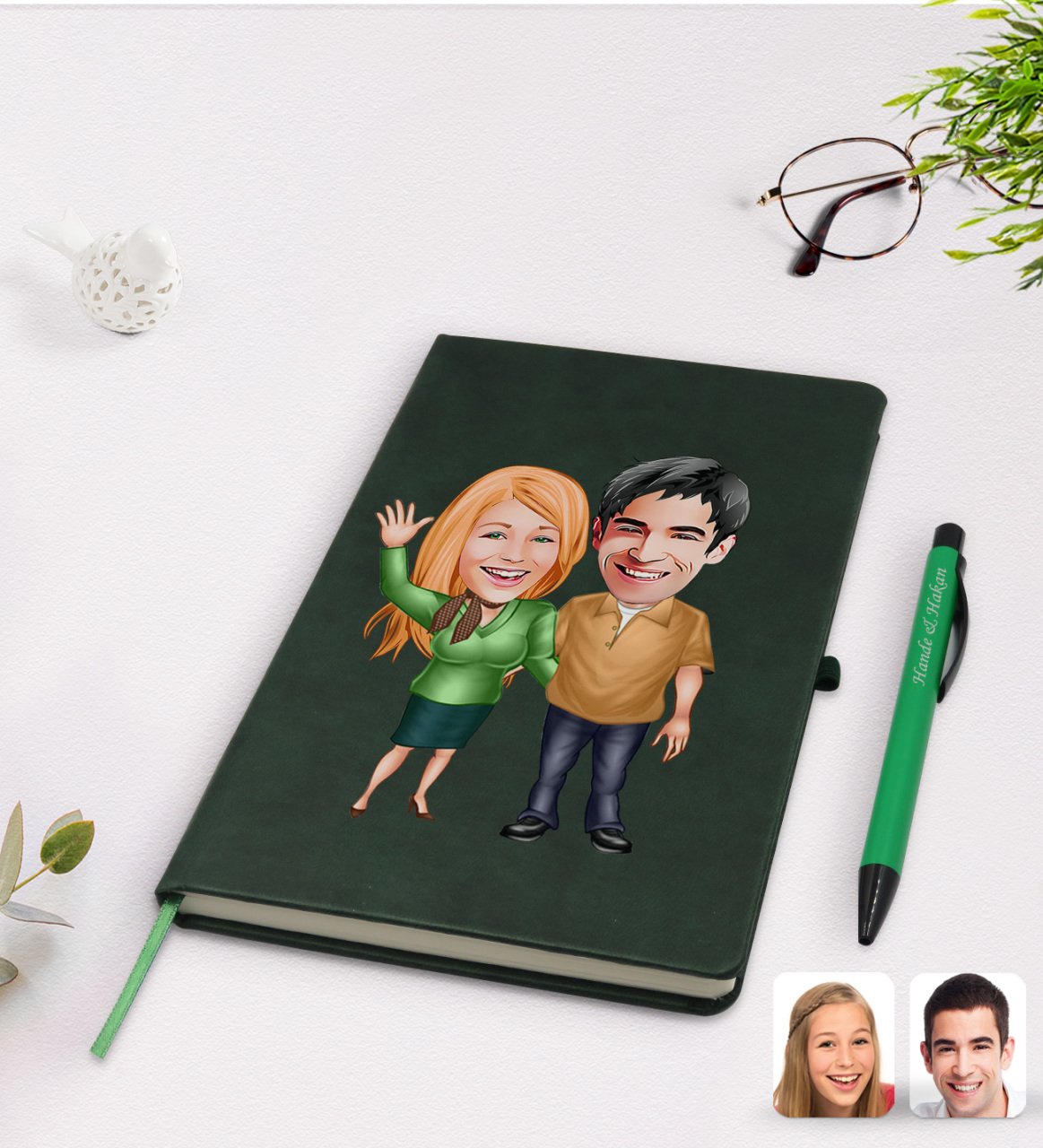 Kişiye Özel Sevgililer Karikatürlü Yeşil Termo Deri Defter Kalem Seti Model 110