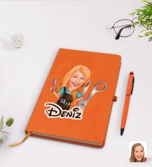 Kişiye Özel Kadın Kuaför Karikatürlü Turuncu Termo Deri Defter Kalem Seti Model 1