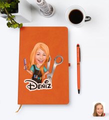 Kişiye Özel Kadın Kuaför Karikatürlü Turuncu Termo Deri Defter Kalem Seti Model 1
