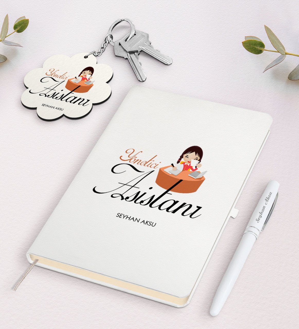 Kişiye Özel Yönetici Asistanı Beyaz Defter Kalem ve Anahtarlık Hediye Seti