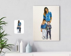 Kişiye Özel Tam Boy Anne ve Oğullar Karikatürlü Kanvas Tablo 30x50cm-1