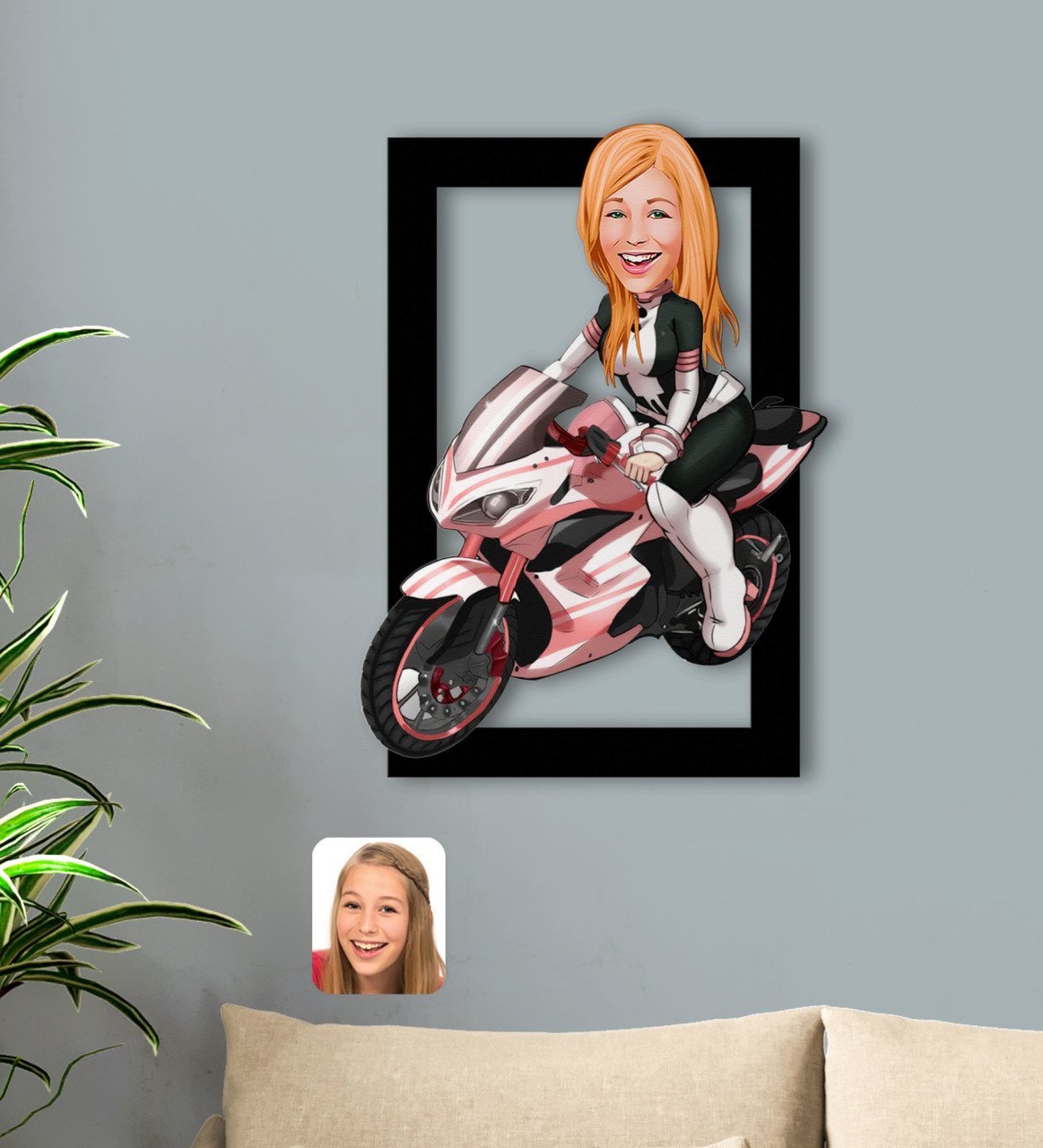 Kişiye Özel Kadın Motorcu Karikatürlü 3D Ahşap Tablo-2
