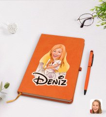 Kişiye Özel Kadın Mimar Karikatürlü Turuncu Termo Deri Defter Kalem Seti Model 1