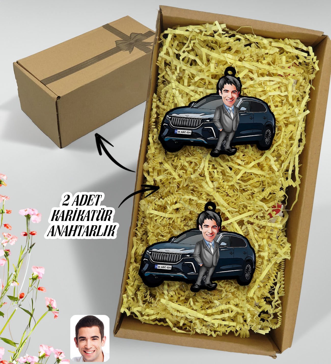 BK Gift Hediye Kutulu Kişiye Özel Erkek TOGG Figürlü Plakalı Ahşap Karikatür Anahtarlık, TOGG Anahtarlık, TOGG, Araç 2'li Ahşap Anahtarlık-1