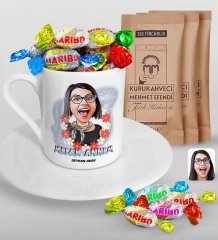 Kişiye Özel Anneler Günü Temalı Melek Annem Karikatürlü Türk Kahvesi Fincanı Mehmet Efendi Kahve ve Haribo Şeker Hediye Seti-1
