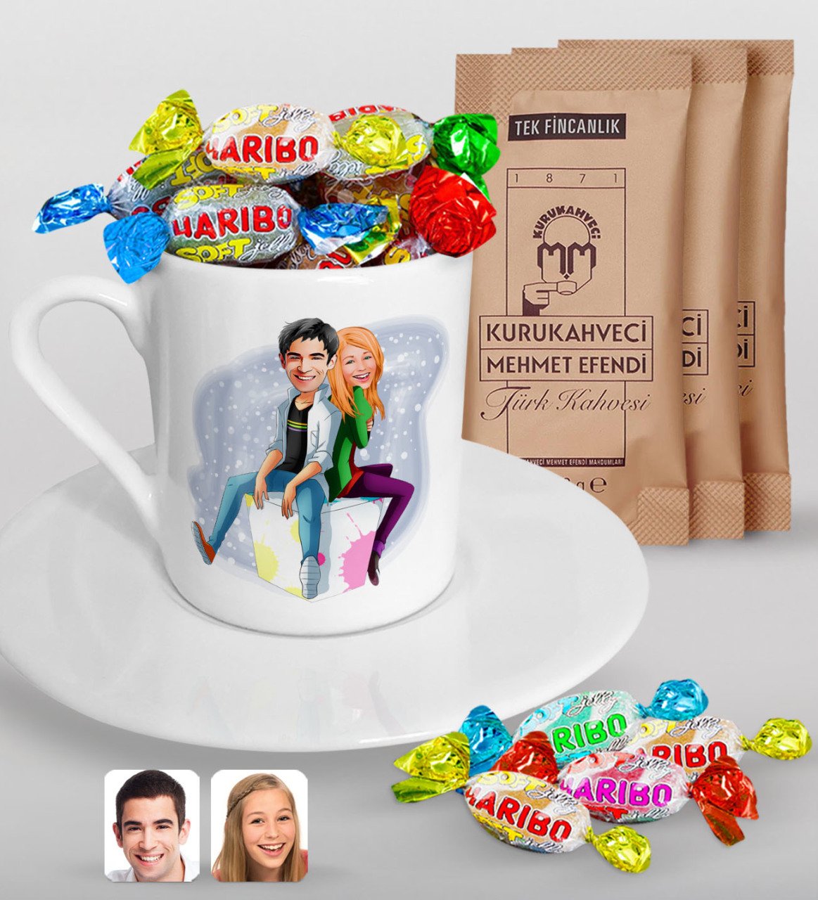 Kişiye Özel Sevgililer Karikatürlü Türk Kahvesi Fincanı Mehmet Efendi Kahve ve Haribo Şeker Hediye Seti-35