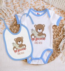 BK Kids Kişiye Özel Sevimli Ayı Tasarımlı Mavi Bebek Body Zıbın ve Mama Önlüğü Hediye Seti