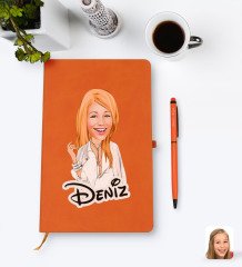Kişiye Özel Kadın Model Karikatürlü Turuncu Termo Deri Defter Kalem Seti Model 2