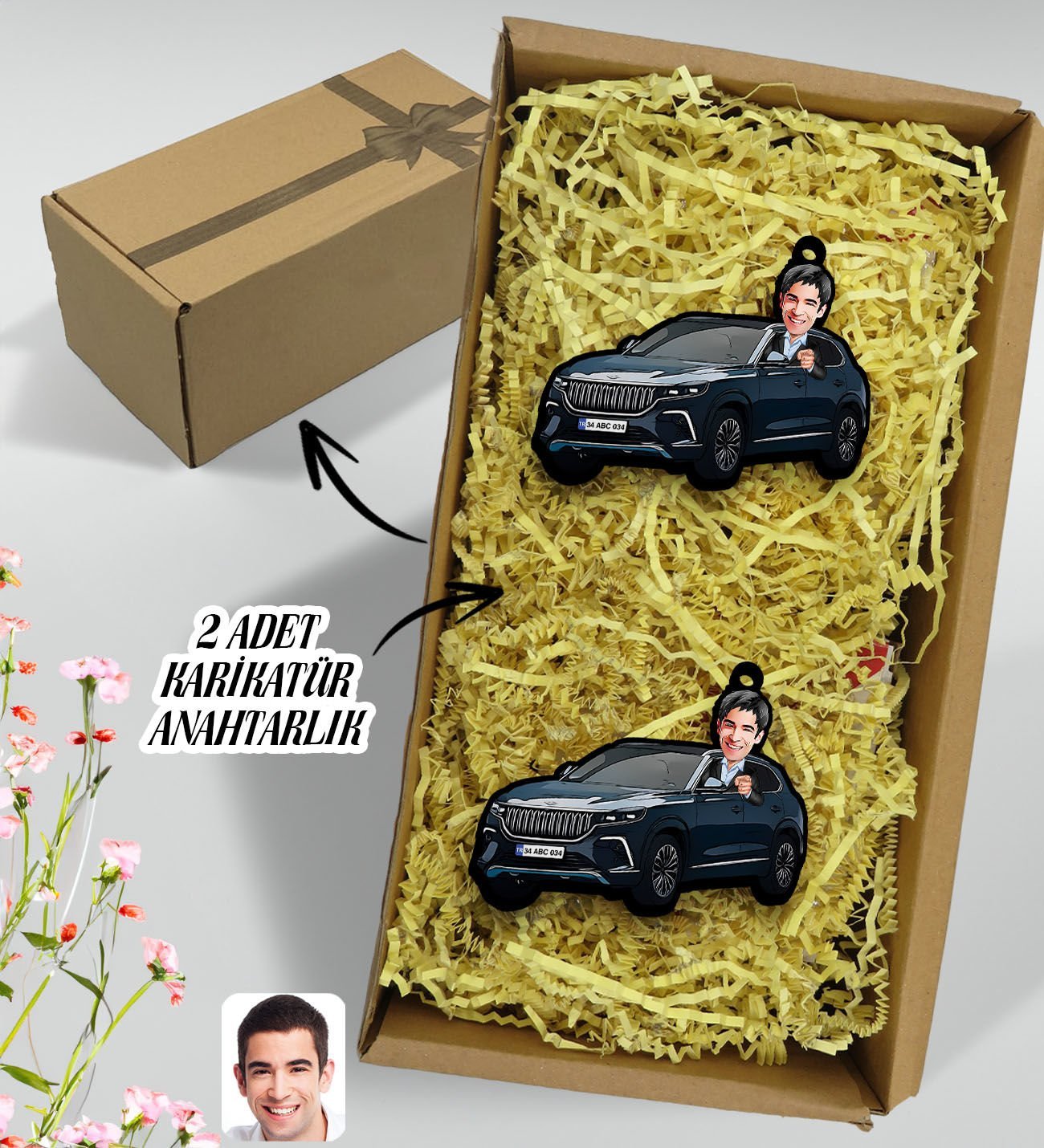 BK Gift Hediye Kutulu Kişiye Özel Erkek TOGG Figürlü Plakalı Ahşap Karikatür Anahtarlık, TOGG Anahtarlık, TOGG, Araç 2'li Ahşap Anahtarlık-2