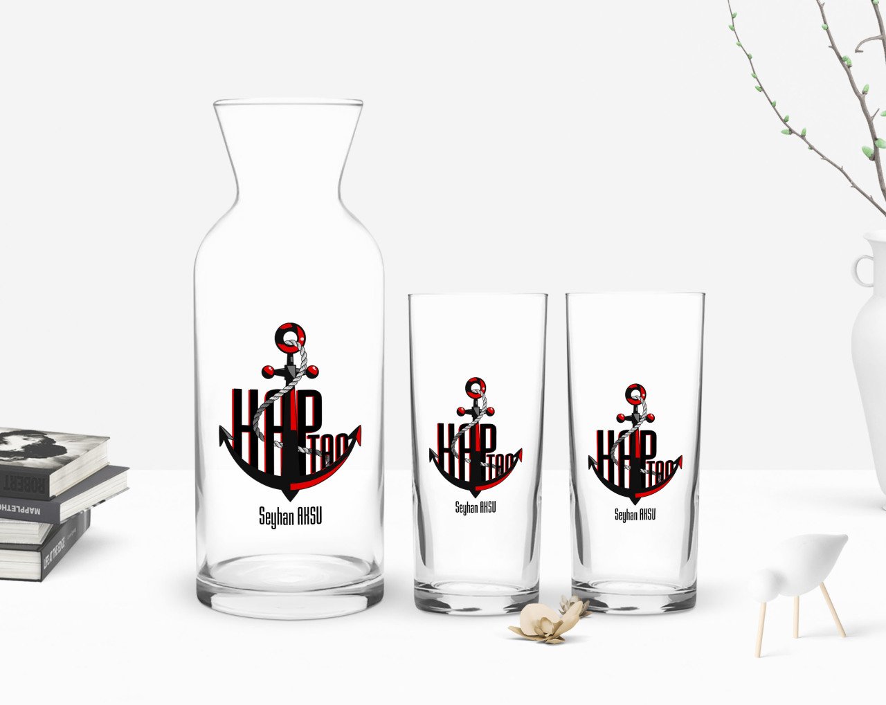 Kişiye Özel Renkli Baskılı Kaptan Tasarımlı İkili Rakı Bardağı ve Karaf Hediye Seti-3