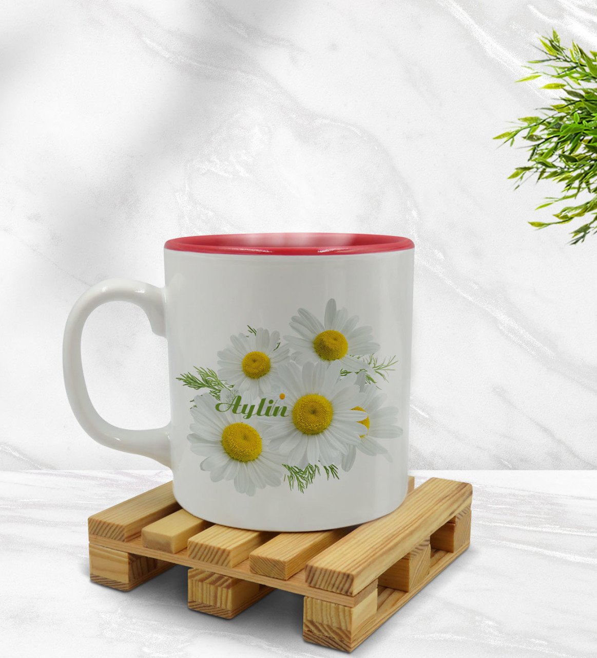 Kişiye Özel Papatya Temalı İçi Kırmızı Renkli Kupa Bardak Model 12