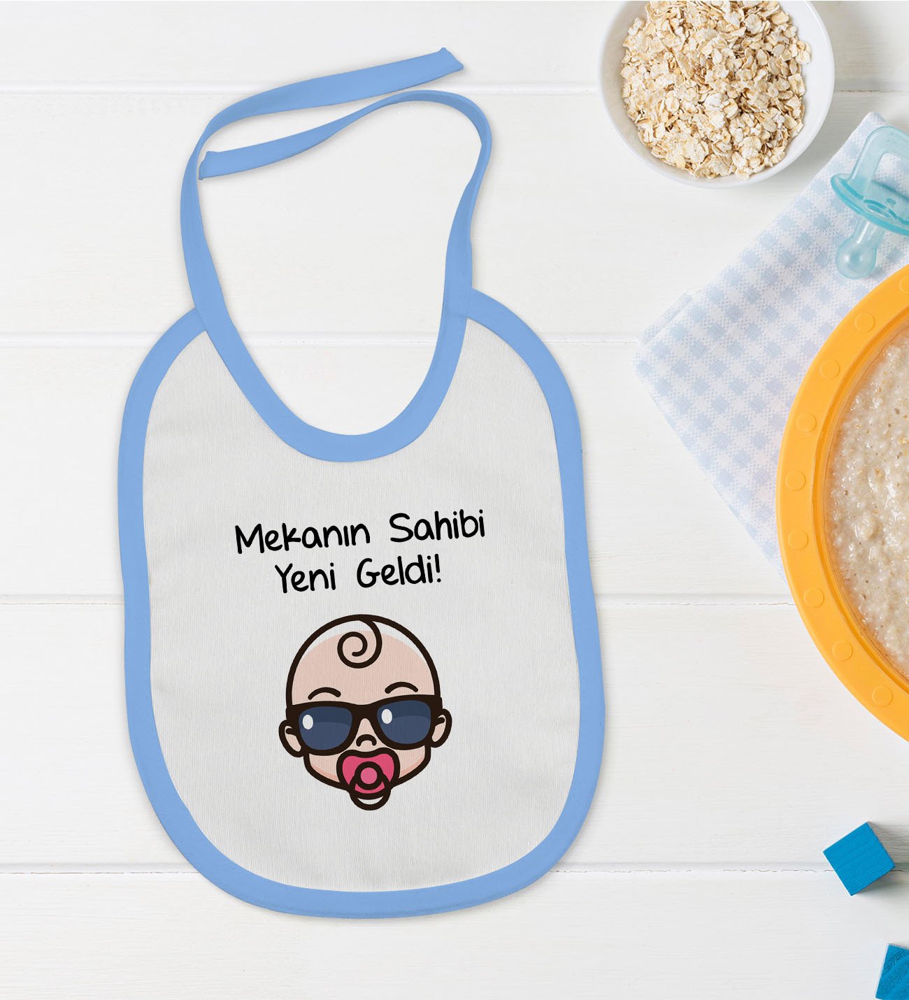 BK Kids Mekanın Sahibi Yeni Geldi Tasarımlı Mavi Bebek Mama Önlüğü