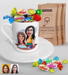 Kişiye Özel Anneler Günü Temalı Anne Kız Karikatürlü Türk Kahvesi Fincanı Mehmet Efendi Kahve ve Haribo Şeker Hediye Seti-1