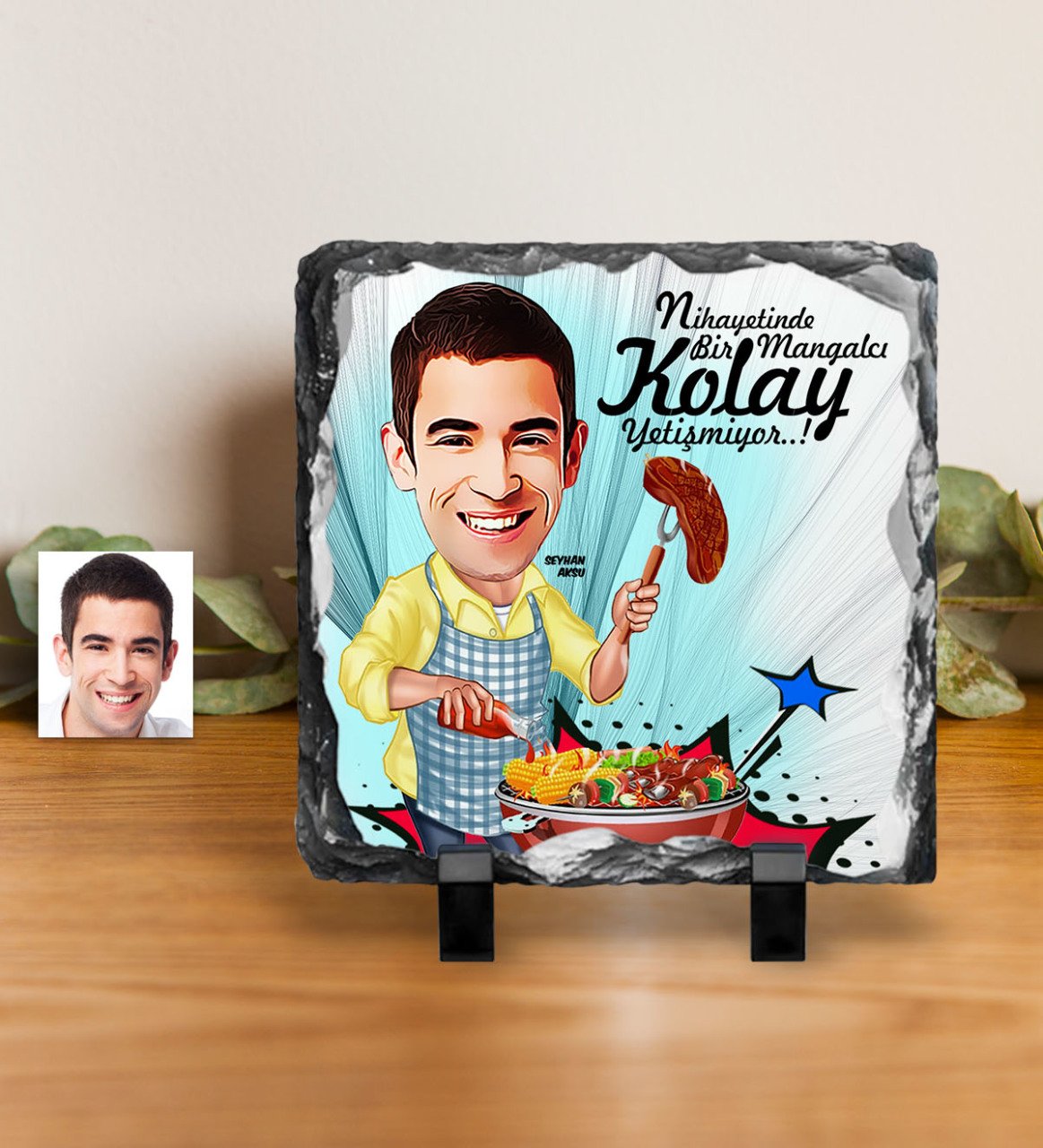 Kişiye Özel Bay Mangalcı Karikatürlü Dekoratif Doğal Taş - 1