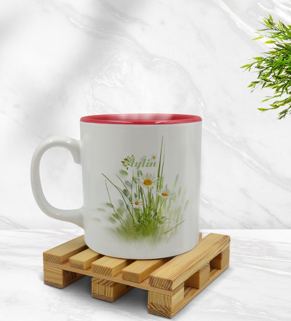 Kişiye Özel Papatya Temalı İçi Kırmızı Renkli Kupa Bardak Model 13