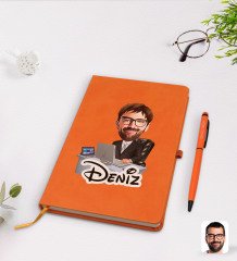 Kişiye Özel Erkek Genel Müdür Karikatürlü Turuncu Termo Deri Defter Kalem Seti Model 1
