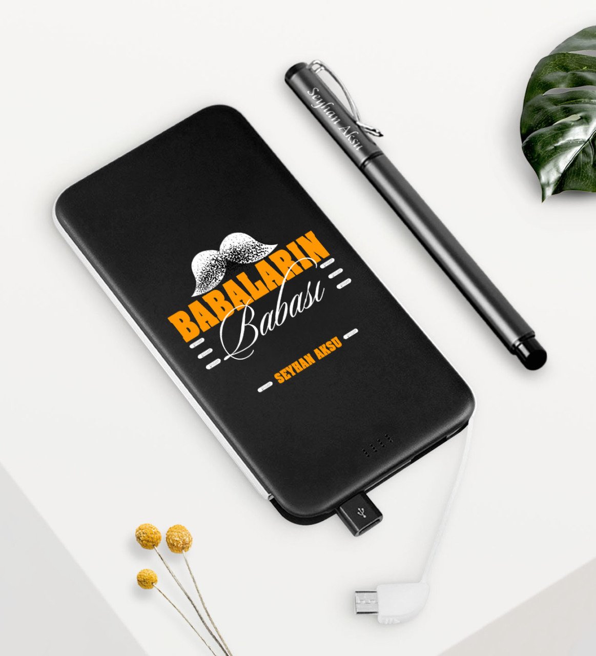 Kişiye Özel Babaların Babası Siyah 5000 mAh Hızlı Şarj Powerbank Kalem Seti-2
