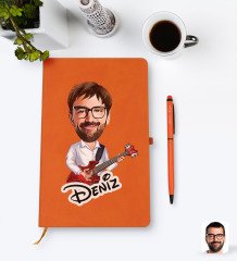 Kişiye Özel Erkek Gitarist Karikatürlü Turuncu Termo Deri Defter Kalem Seti Model 2