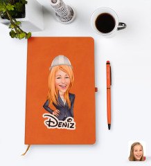 Kişiye Özel Kadın Mühendis Karikatürlü Turuncu Termo Deri Defter Kalem Seti Model 1
