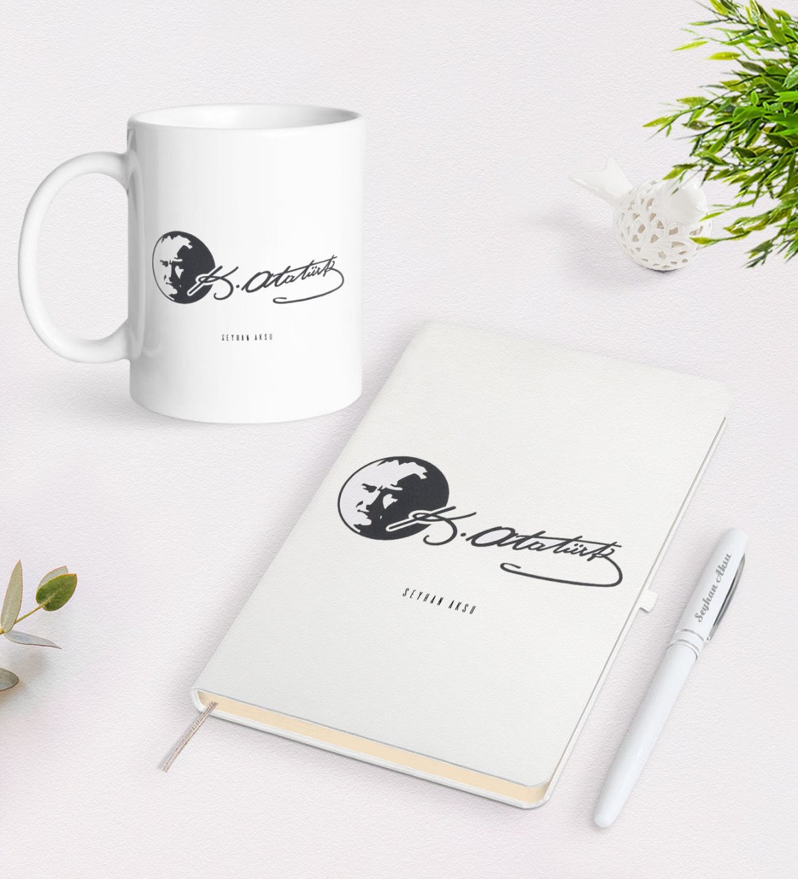 Kişiye Özel Atatürk Temalı Beyaz Defter Kalem Kupa Seti-20