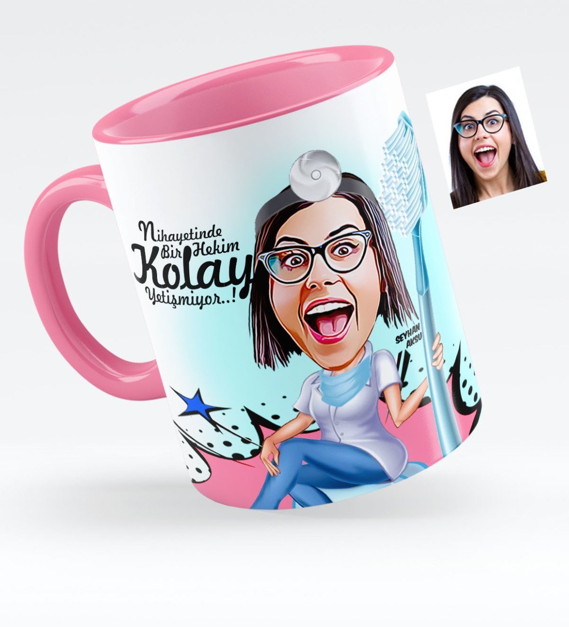 Kişiye Özel Bayan Diş Hekimi Karikatürlü Pembe Kupa Bardak - 3