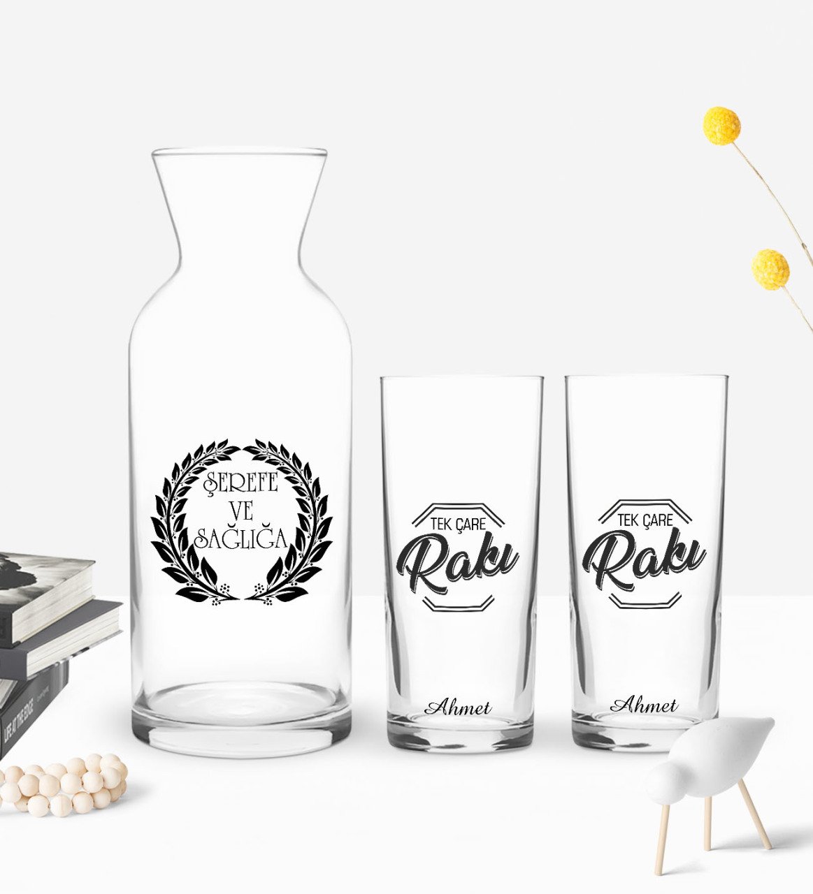 Kişiye Özel Renkli Baskılı Tek Çare Rakı Tasarımlı İkili Rakı Bardağı ve Karaf Hediye Seti-1