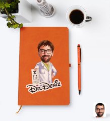 Kişiye Özel Erkek Göz Doktoru Karikatürlü Turuncu Termo Deri Defter Kalem Seti Model 1