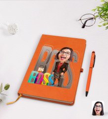 Kişiye Özel Kadın Big Boss Karikatürlü Turuncu Termo Deri Defter Kalem Seti Model 1